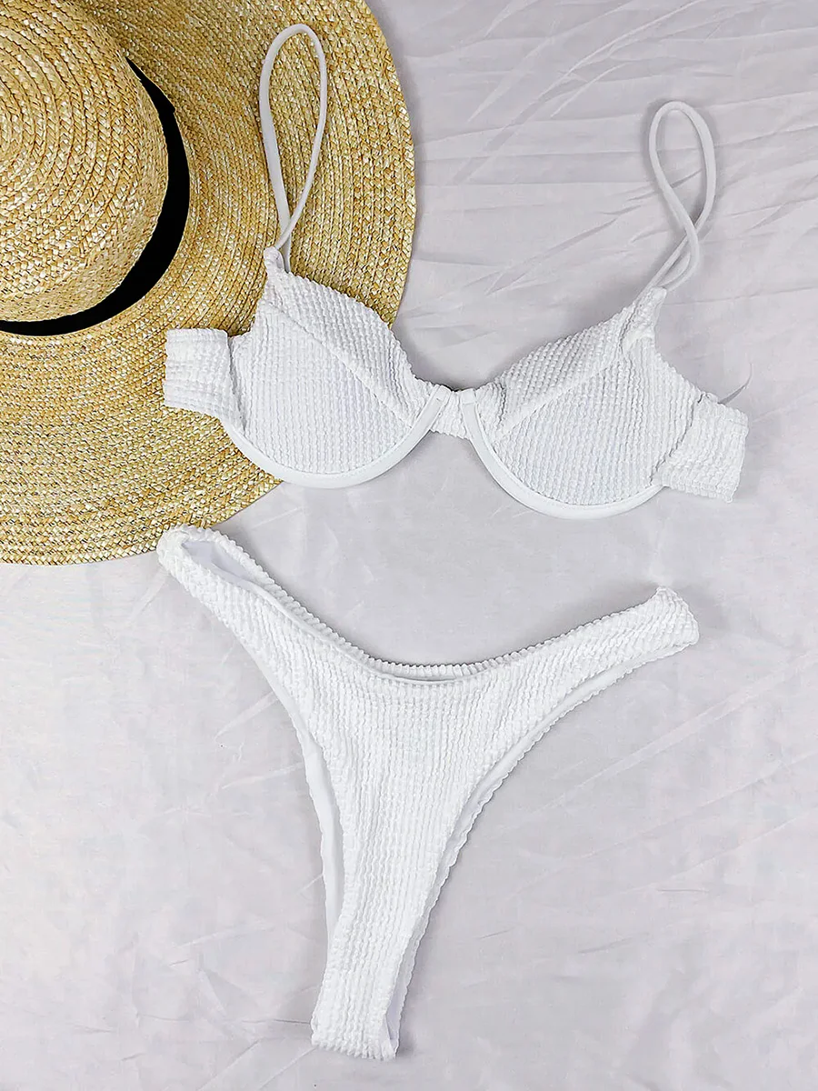 Wrinkled Underwired V-Bar Bikini Swimsuit Female Swimwear Women Two-pieces Bikini Set Triangle High Cut Bathing Suit Swim Lady