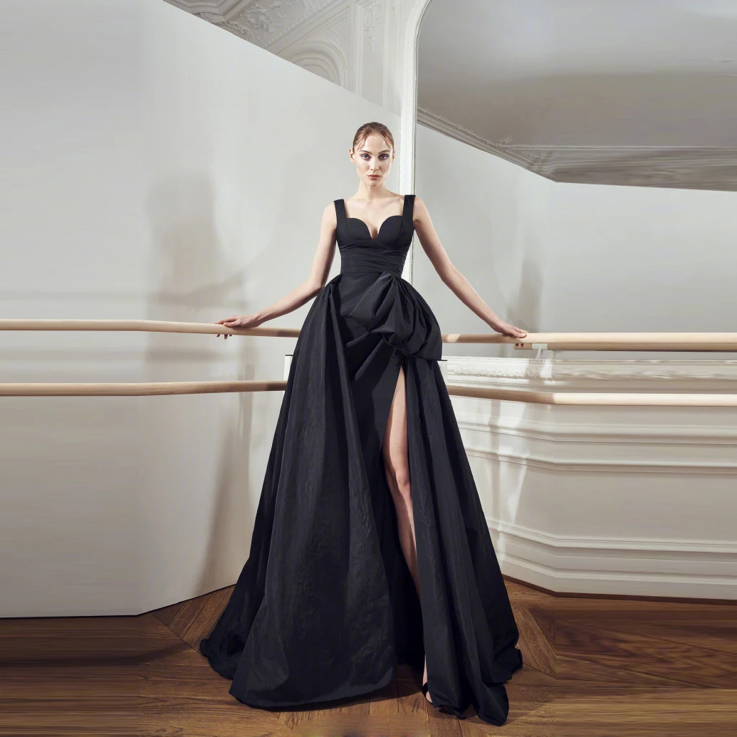 New Elegant Maxi Dress 2025 High Couture Long Prom Gown Satin Black A Line Women Dresses Draped Sweetheart Side Split