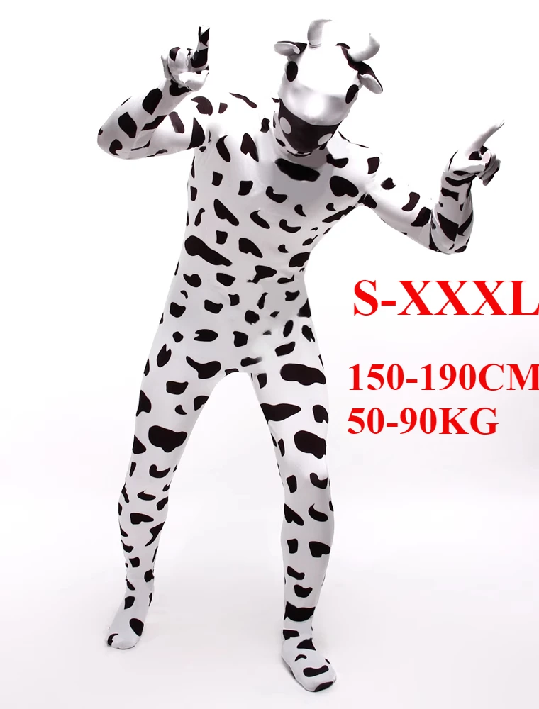 Cosplay Custome Tuta intera per bambino adulto Nero Bianco Mucca Ruolo Festa Danza Carnevale di Halloween Tuta attillata Cerniera in spandex