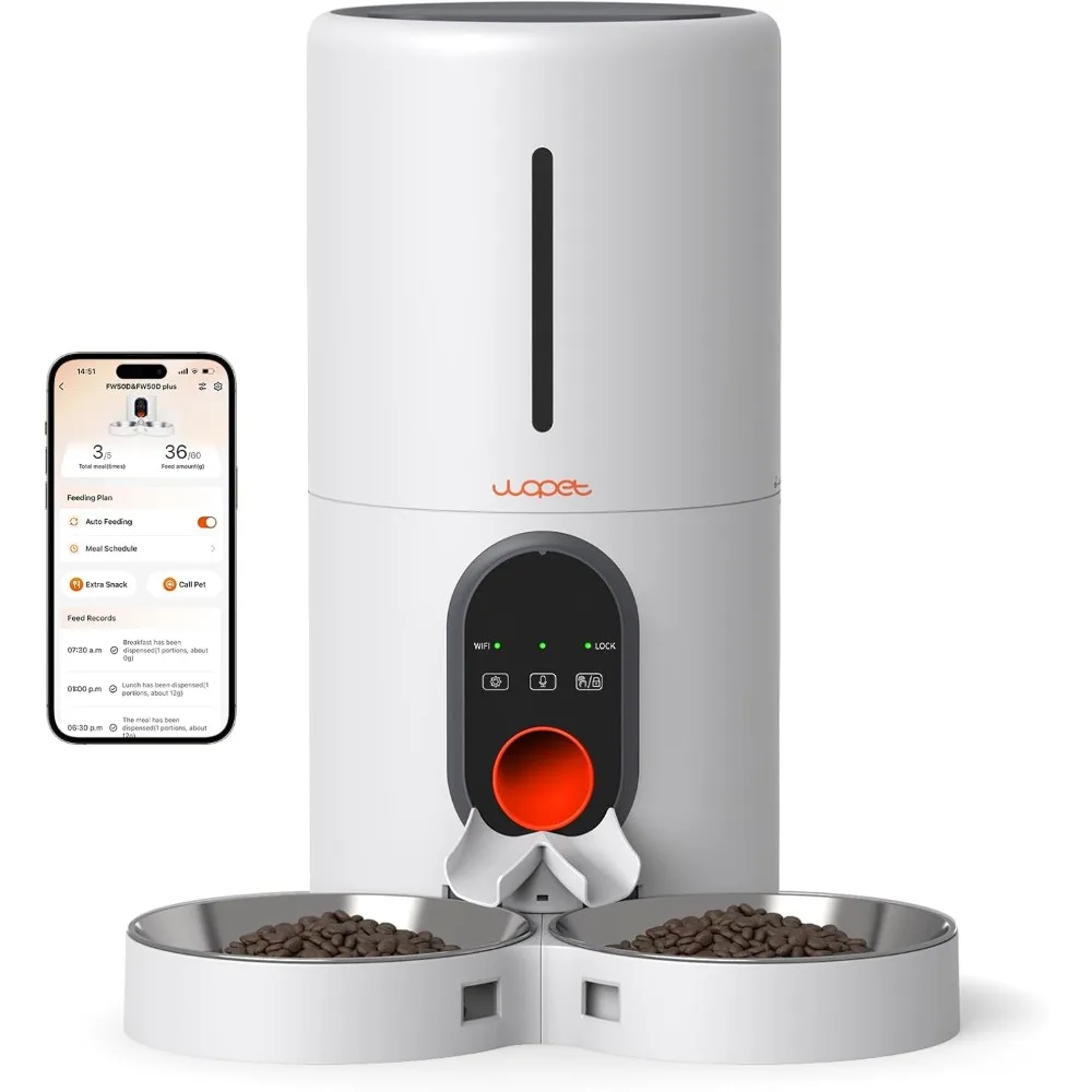 

Automatic Cat Feeder, 5G WiFi Pet Feeder for Two Cats or Dogs with Remote Control, 6L Cat Food Dispenser with Low Food Sensor