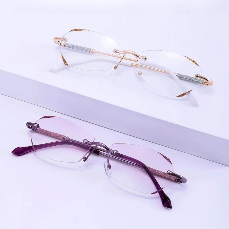 

Women Reading Glasses Elegant Rimless Diamond Cutting Frame Anti Blue Light Eyeglasses Prescription Eyewear Diopter 0 To +4.0