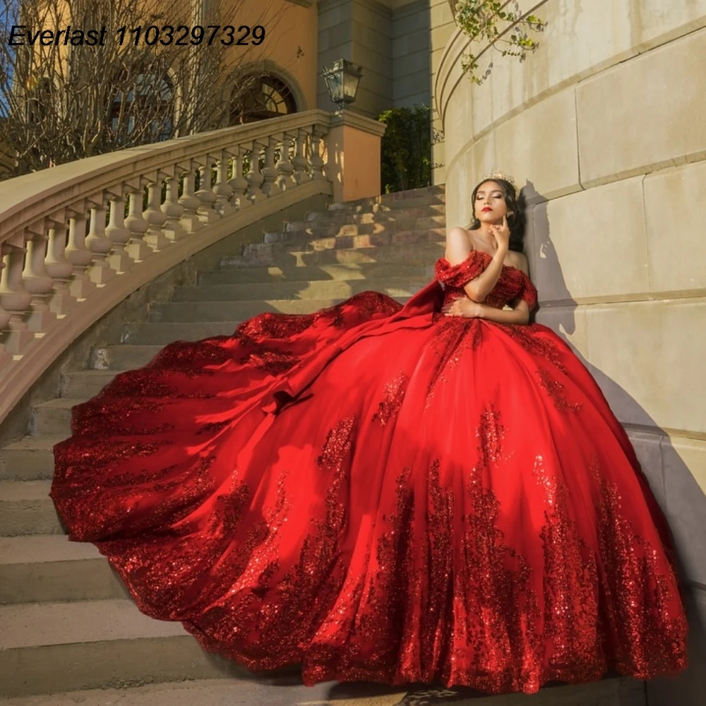 EVLAST Customized Red Quinceanera Dress Ball Gown Sequins Lace Applique Beading Bow Corset Sweet 16 Vestido De 15 Anos TQD983