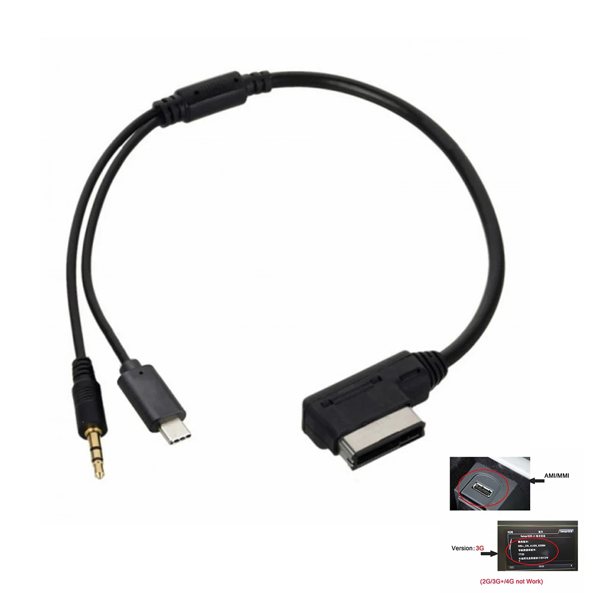 for Car Volkswagen AUDI 2014 A4 A6 Q5 Q7 Adapter Cable Media in AMI MDI to Stereo 3.5mm Audio and USB-C Auxiliary 0.3M