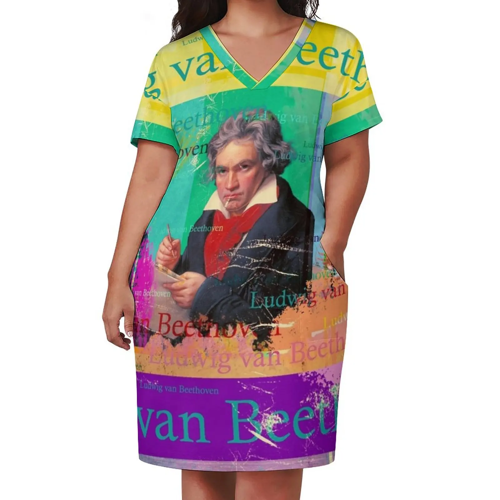 Ludwig van Beethoven portrait, famous German composer, 9th symphony Loose Pocket Dress elegant party dress for women 2025