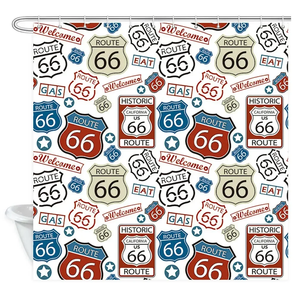 Bathroom Waterproof Shower Curtain Set Retro Route 66 Sign