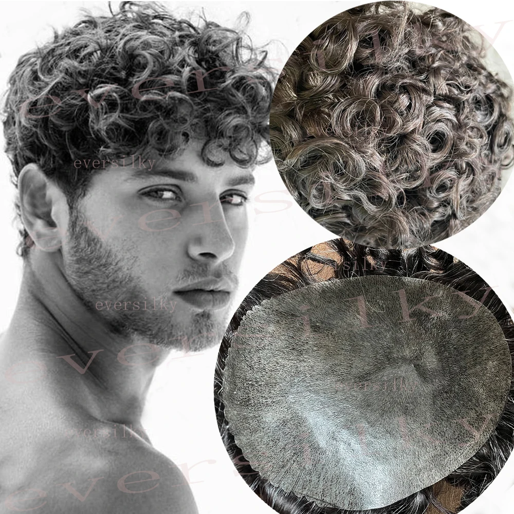 20mm Curly Durable Skin Full Pu Base Men Toupee Black Male Human Hair Capillary Prosthesis Wigs Grey Brown Replacement System