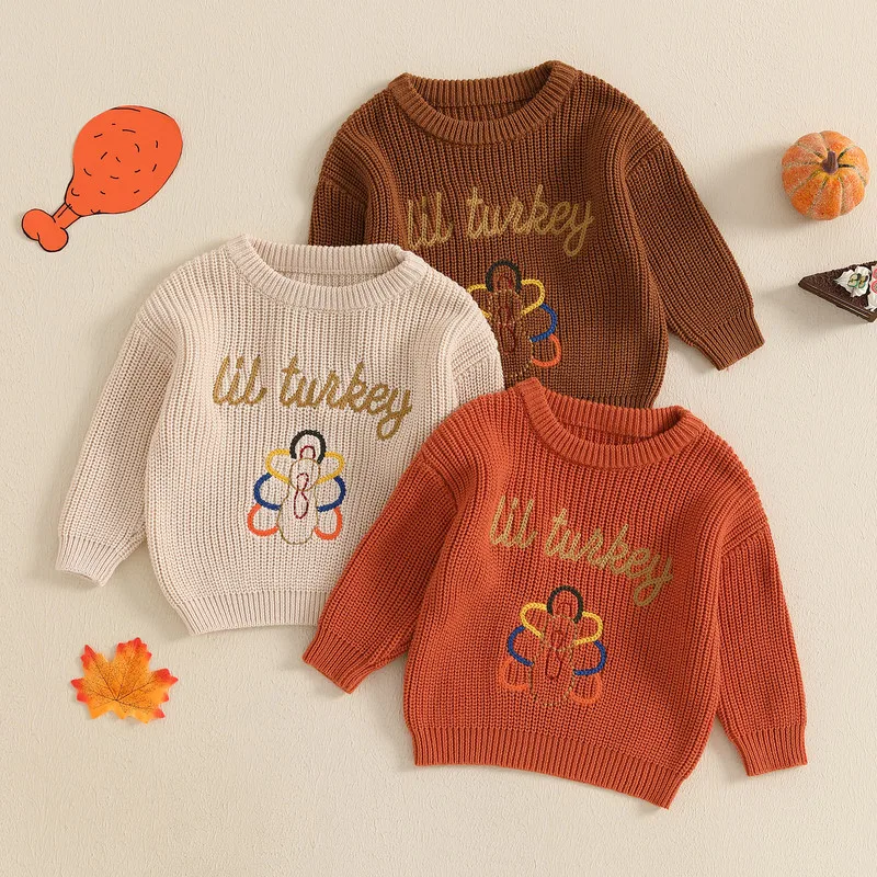 

RUEWEY 0 to 3 Years Thanksgiving Baby Girl Boy Sweater Casual Letter Turkey Embroidery Warm Knitted Long Sleeves Pullover