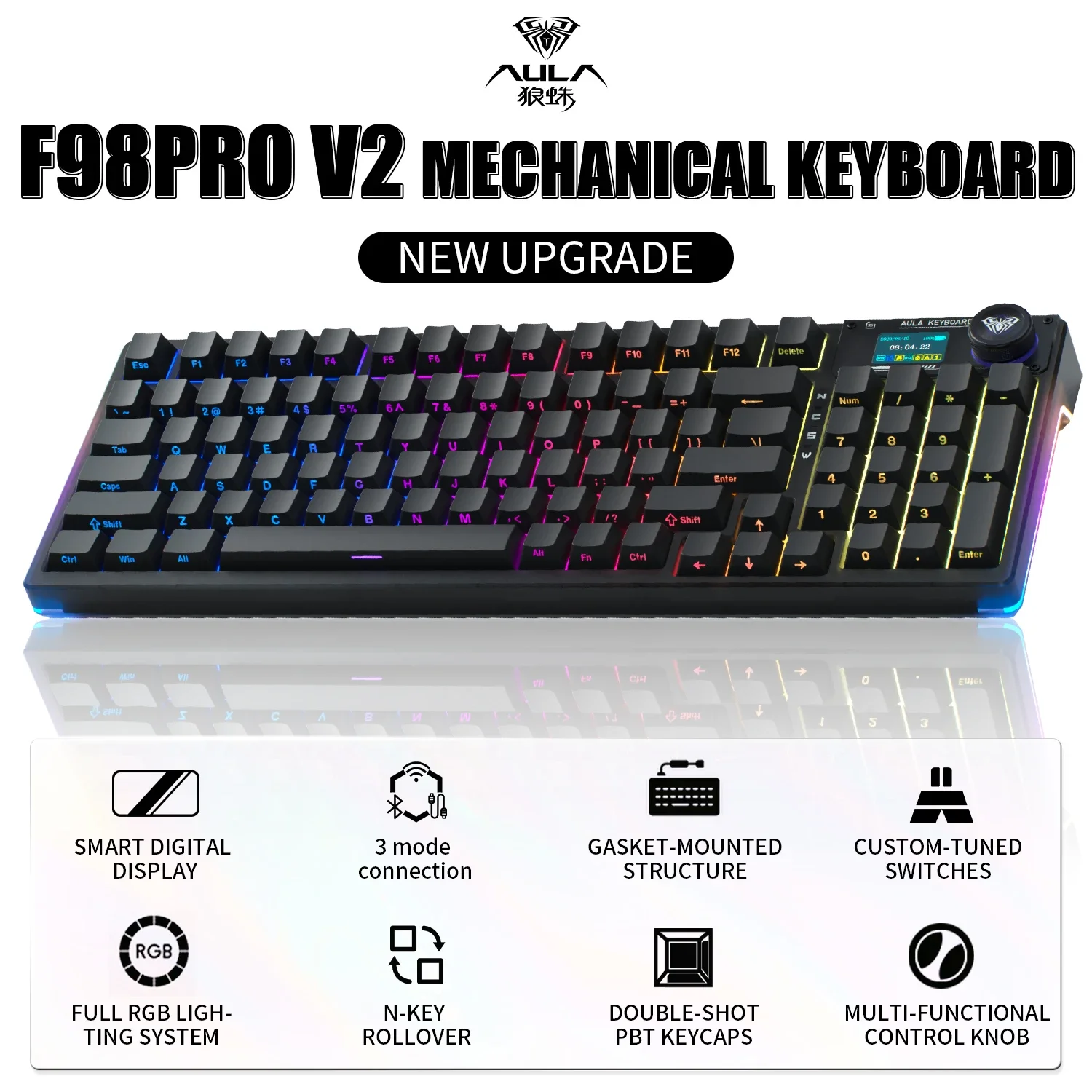 

AULA F98 Pro V2 Mechanical Keyboard Smart Screen Wireless Bluetooth Hot-swap E-sports Customized RGB Gaming Keyboards Gift