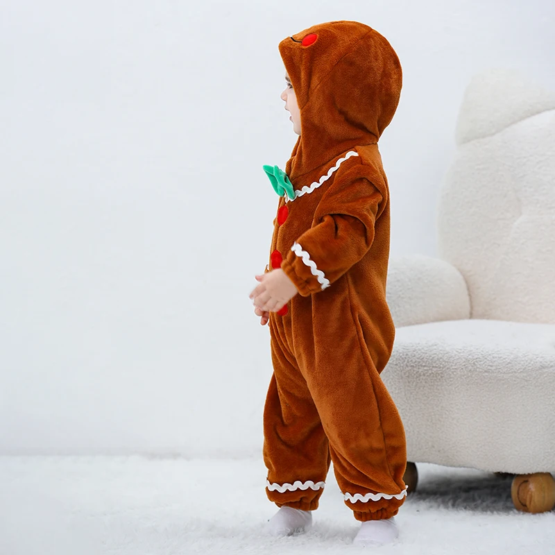 Baby Gingerbread Costume Long Sleeve Embroidery Plush Hooded Romper Newborn Christmas Jumpsuit