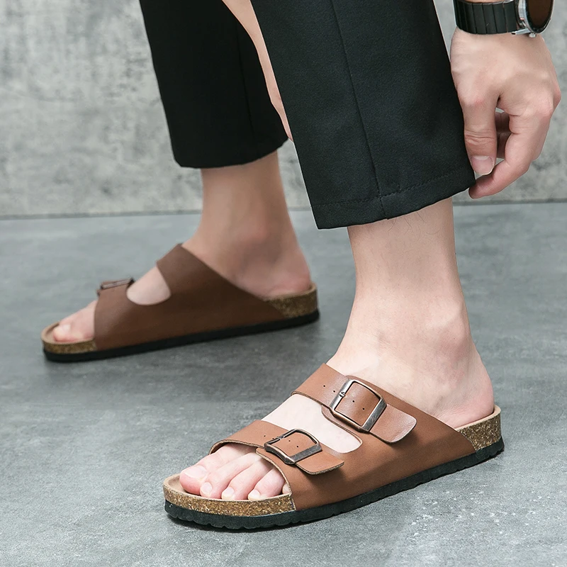 Zapatillas de corcho para la playa para hombre y mujer, Sandalias informales con doble hebilla, chanclas planas sin cordones, novedad de verano, 2023