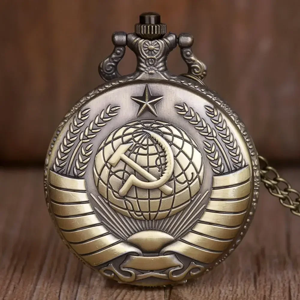 Vintage urss emblemas soviéticos foice martelo relógio de bolso colar bronze pingente corrente relógio moda emblema feminino presente