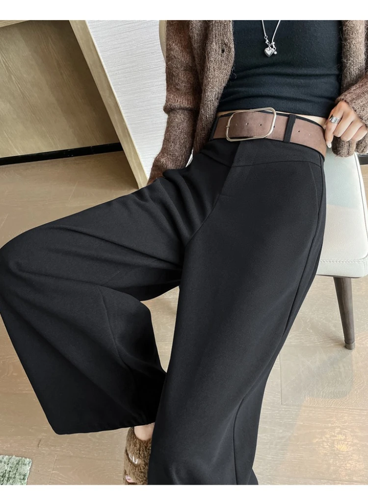 Graue Woll-Anzughose mit weitem Bein für Damen, Herbst-Winter, neue, hoch taillierte, drapierte, lässige, bodenlange, dicke Hose mit geradem Bein