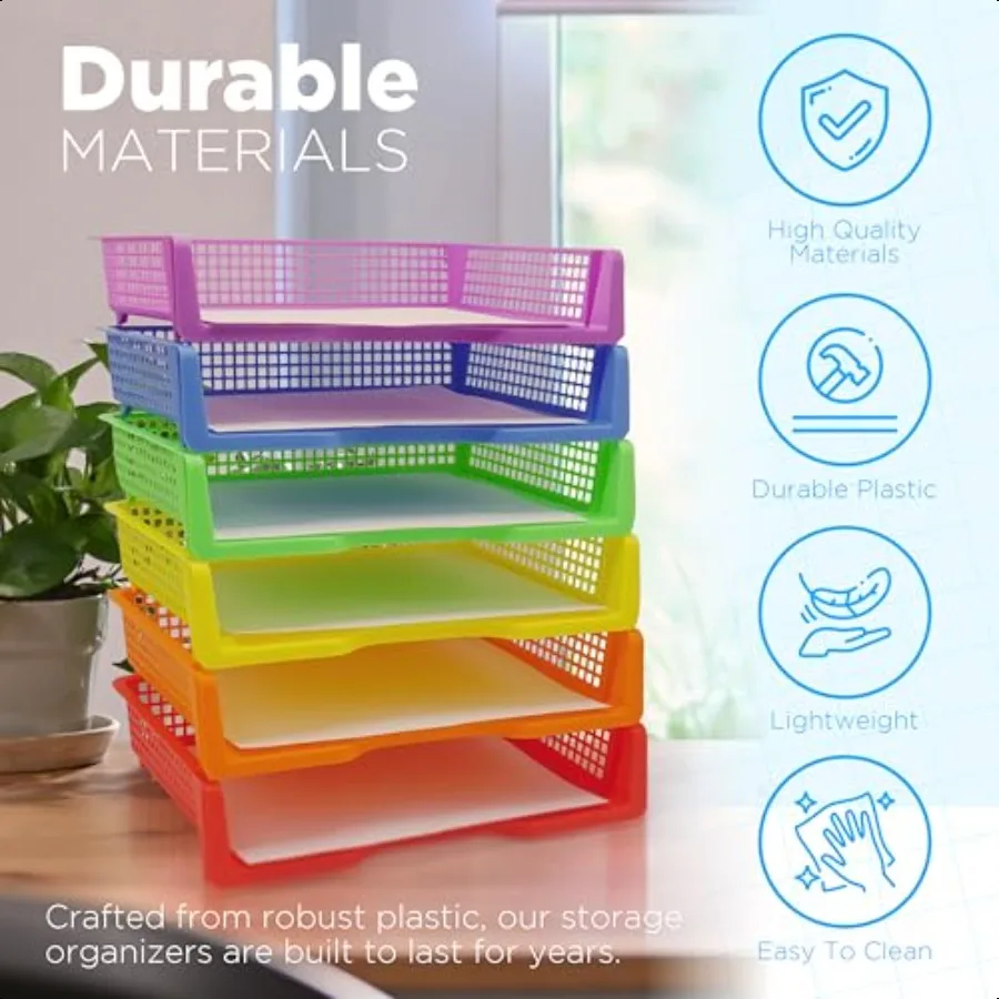 4E's الجدة 6 صواني بلاستيكية ملونة للمعلمين دائم بدوره في صواني الفصول الدراسية ورقة المنظمون سلات تخزين قابلة للتكديس f