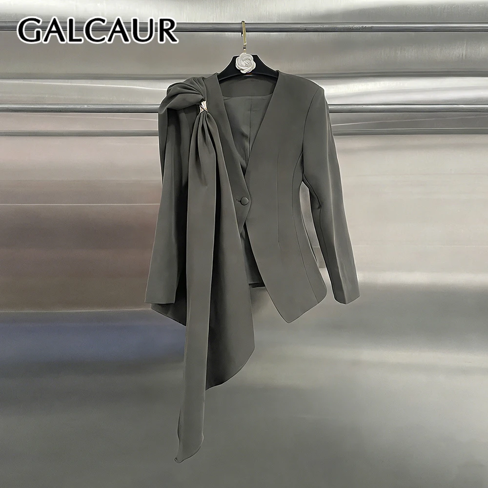 

GALCAUR Solid Spliced Folds Chic Jacket Female V Neck Long Sleeve Loose Elegant Luxury Women's Jackets Fashion Autumn Style New
