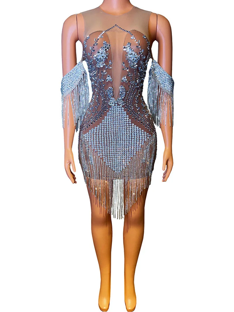 

Show Fashion Rhinestone Tassel Dance Performer Suit Sexy Fashion Summer Dress Vestidos A Medida Party High-End Performance Dress