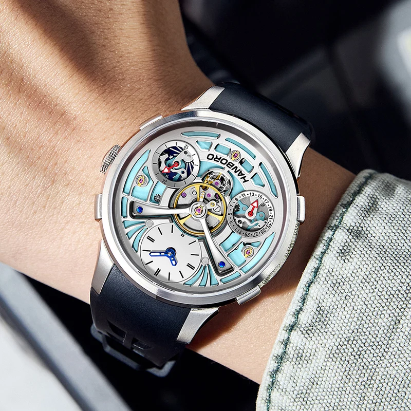 HANBORO Men Automatic Watch 44mm Mechanical Wristwatch Luminous Skeleton Sapphire Multi-Dial Date 24Hours