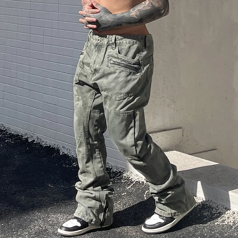 

Retro American High Street Men's Jeans Straight Leg Waed Slim Fit Casual Long Pants mid Waist Zipper ket Design