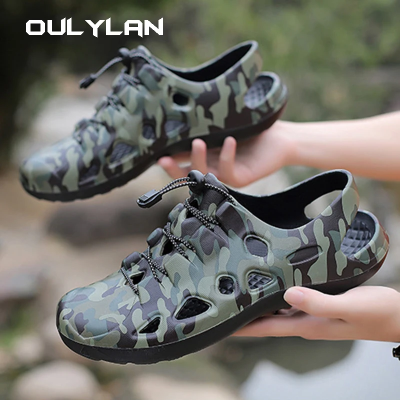 Oulylan รองเท้าบุรุษน้ำหนักเบาสวมใส่สบายพื้นรองเท้านุ่มรองเท้าใส่เดินผู้ชายรองเท้าแตะรองเท้าชายลูกไม้ขึ้นพิมพ์ลายรองเท้าชายหาด