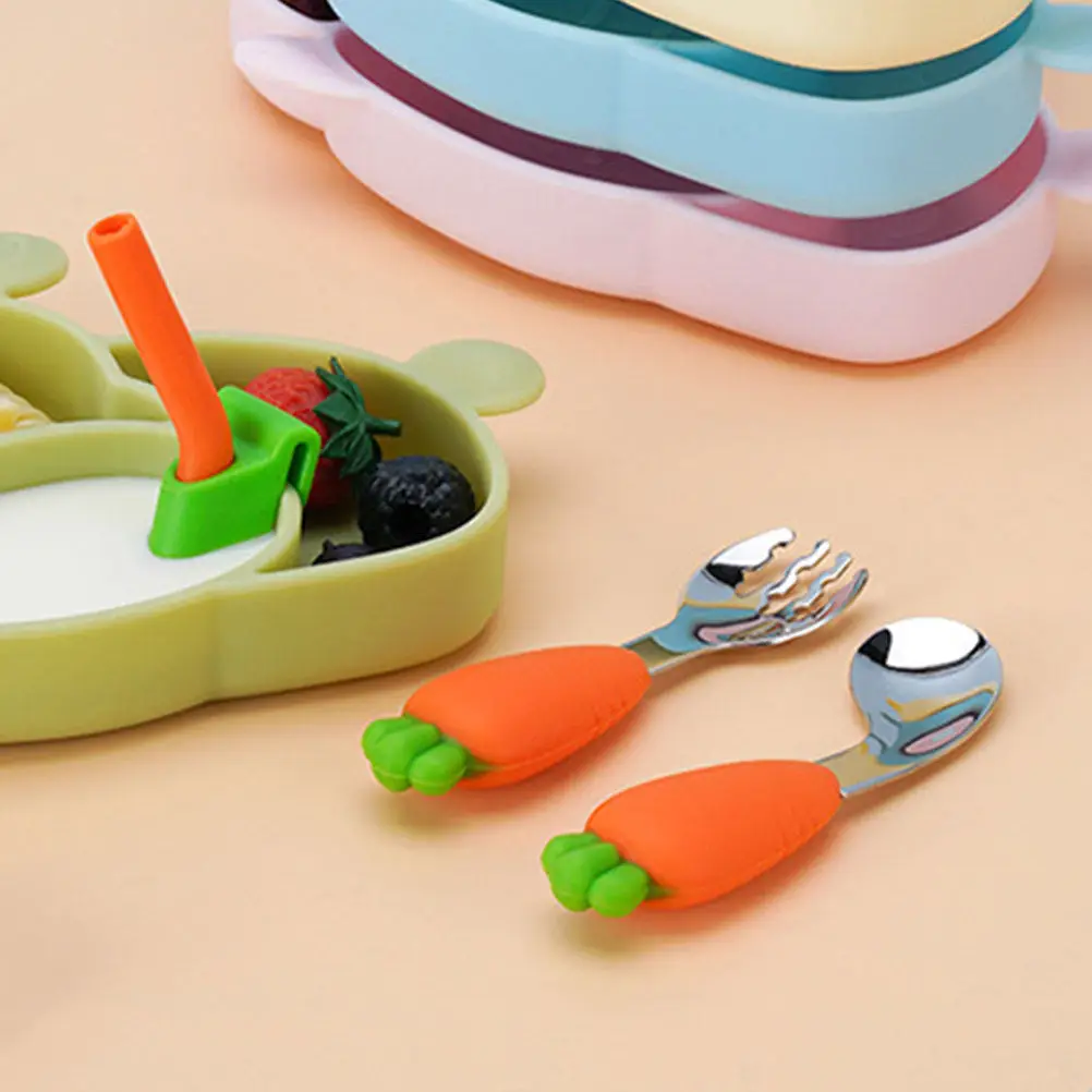 

2Pcs Baby Spoon Fork Set Cartoon Carrot Design Silicone Handle Non Slip Baby Silverware Toddler Utensils Perfect Self Feeding