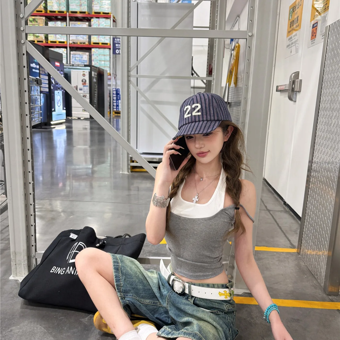 

Summer Street Style Faux Two-Piece Vest Women's Vintage High Waist Five-Quarter Short Jeans Denim Pants Straight Leg No Stretch