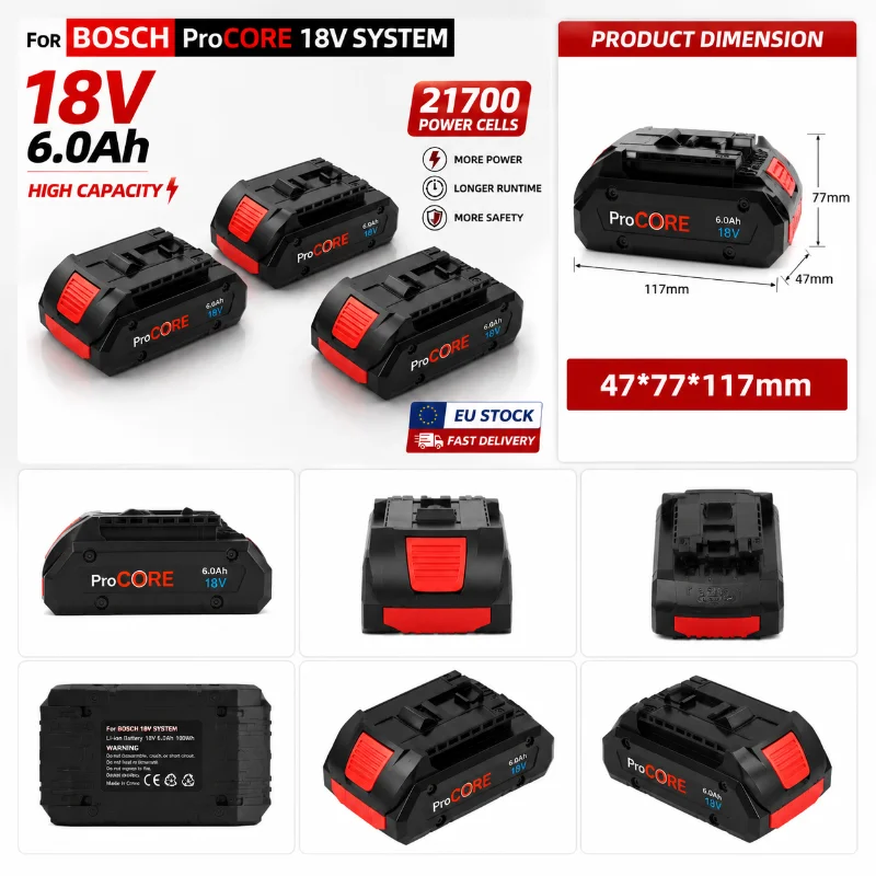 Batería de iones de litio de 18V 6.0Ah con celdas 21700 de alta capacidad, paquete de repuesto con BMS inteligente, compatible con herramientas inalámbricas Bosch Professional 18V BAT609 BAT618, envío rápido desde almacén UE 2