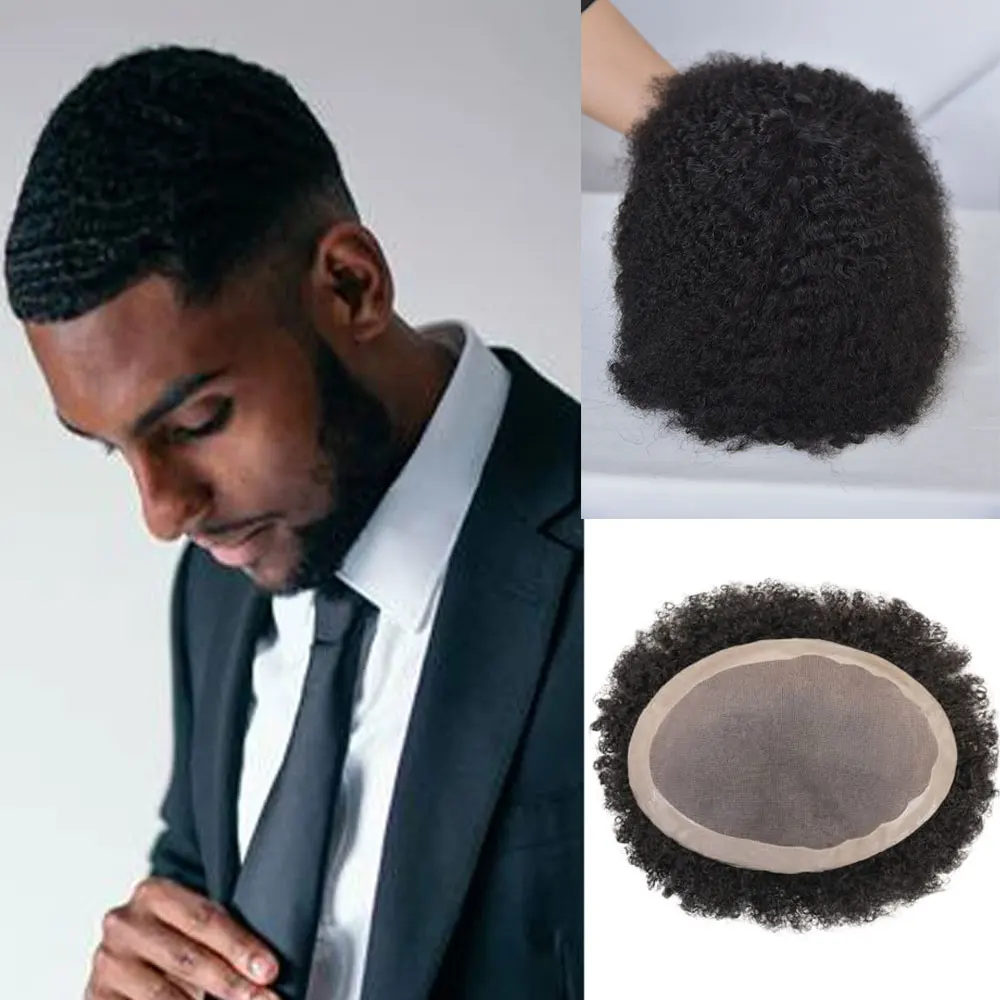 Afro Indian Remy Human Hair Wig for Men African American Wigs 360 Wave Afro Hairpiece 8x10Inch 6mm Afro Wave Mono Black Color