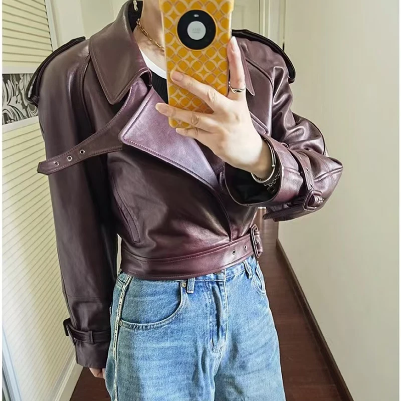 Sheepskin Coat Women Luxury Designer Autumn Classic Claret Large Lapel Wide Shoulder Ultra-Short Real Leather Jacket Windbreaker