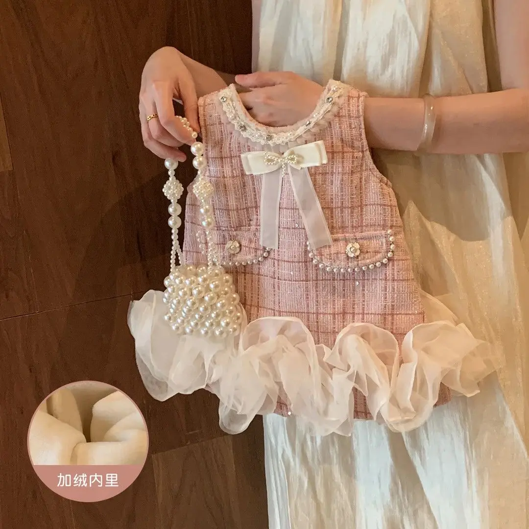 

Girl's Pink Twill Dress, Sleeveless Pearl Bow Comfortable Dress, Sheer Hem, Elegant Children's Birthday and Party Formal Attire