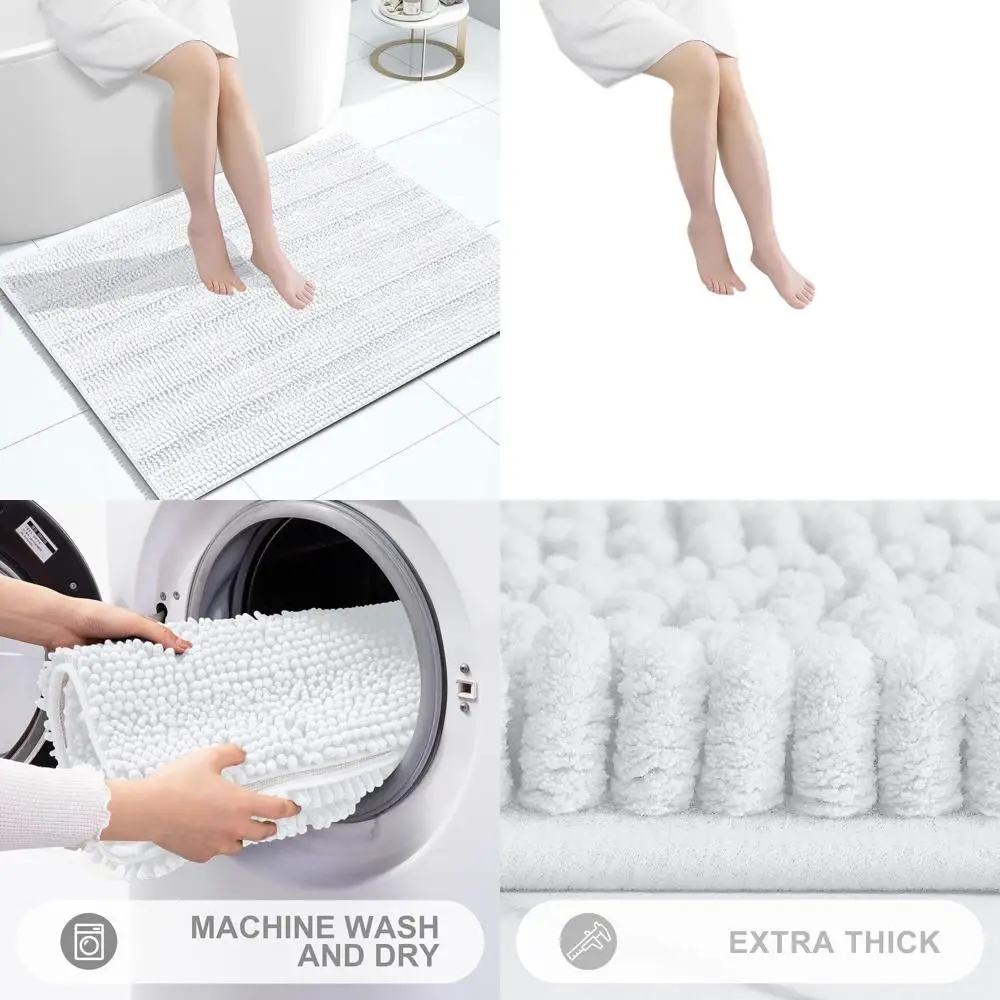 

Коврик для ванной 40x32 дюйма, толстый и впитывающий, в полоску, нескользящий, пушистый, легко моется, белый