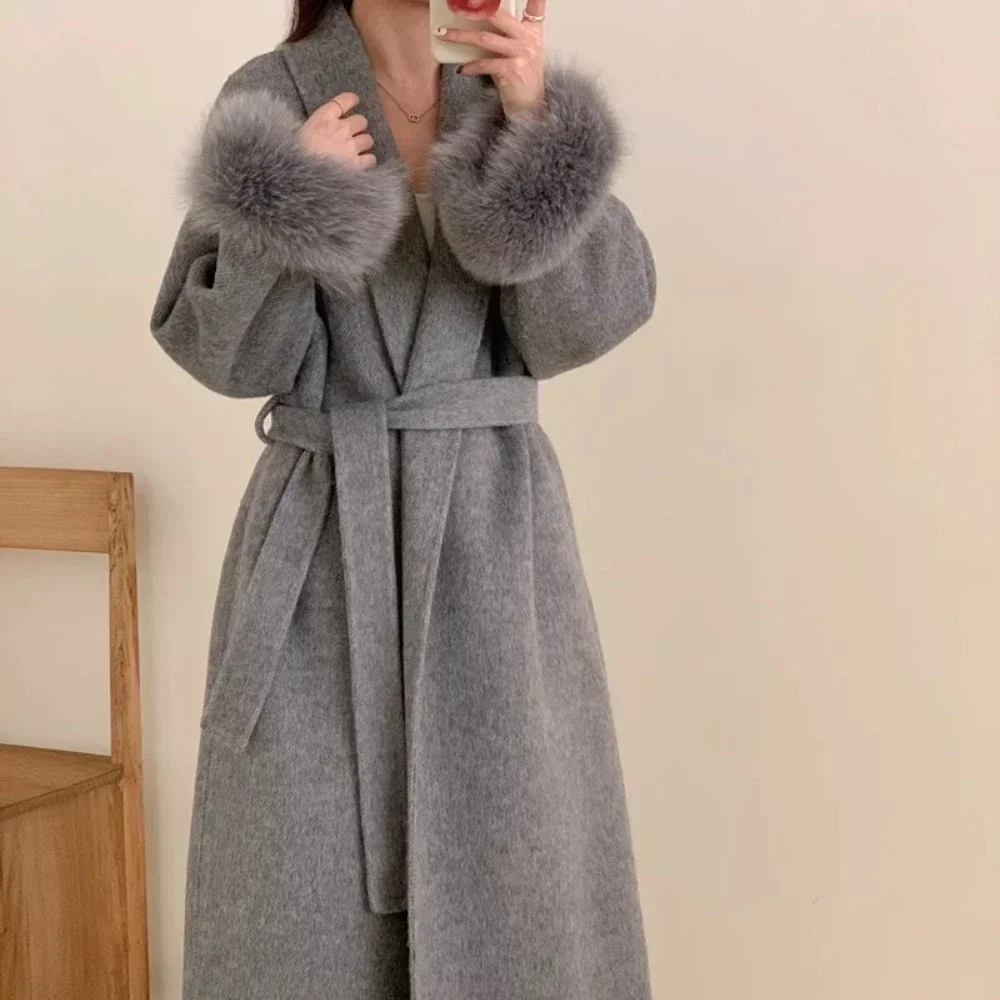 Fox Fur Cuffs Long Woolen Coat Real Fox Fur Jacket Female Bathrobe Double-sided Cashmere Coat Women 2024 Autumn Winter New
