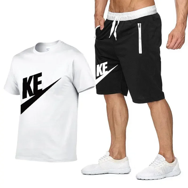2025 summer men's printed round-neck short-sleeved cotton T-shirt + five-point shorts two-piece fitness sports fashion leisure s