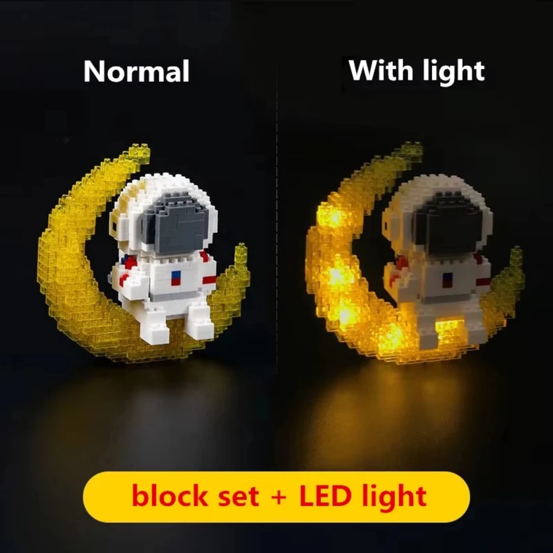 Blocos de construção de micro partículas, espaço criativo, aeroespacial, figura de astronauta brilhante com luz, conjunto de tijolos diy, brinquedos para crianças, presente