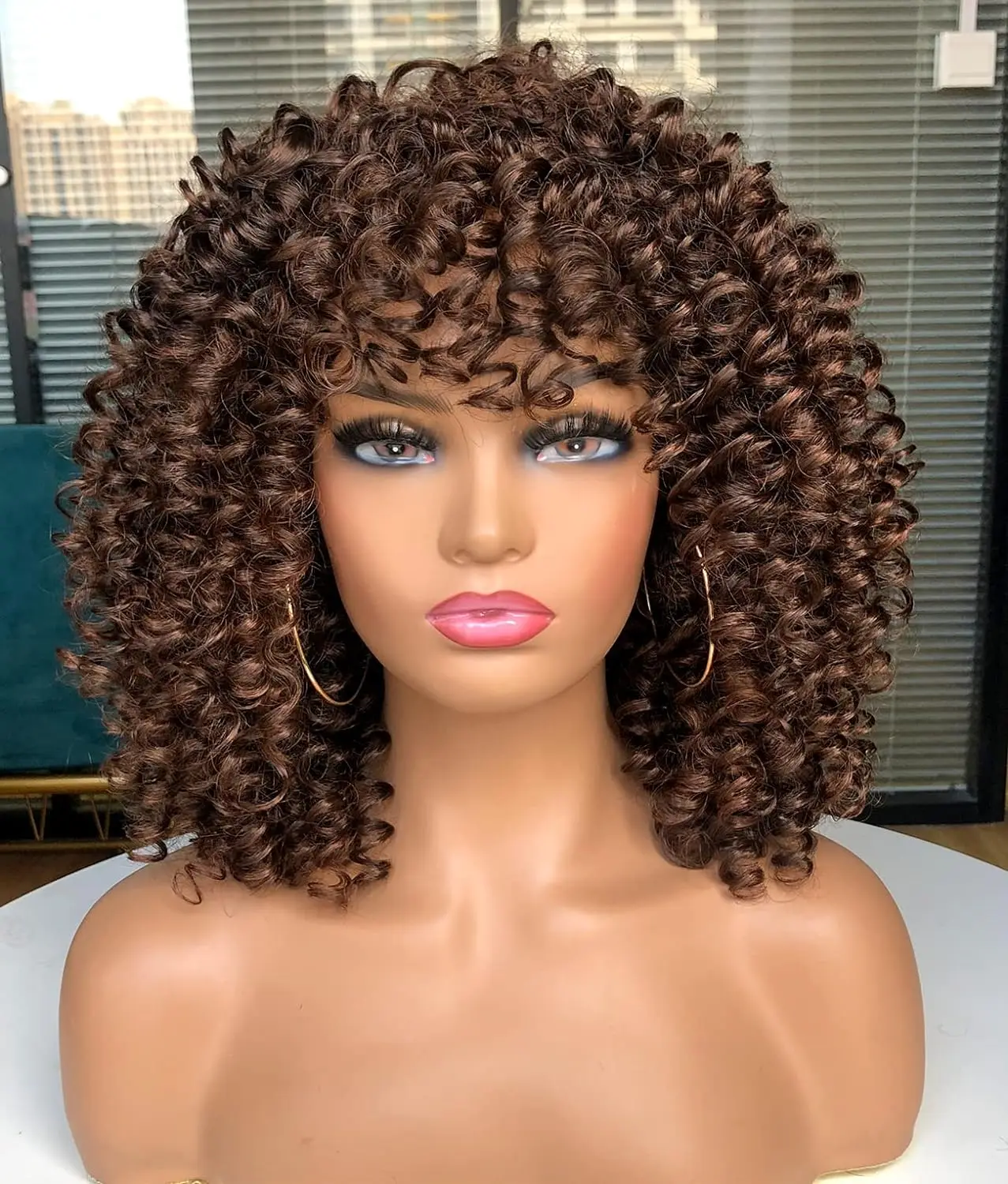 Short Curly Synthetic Wigs for Black Women with Bangs Afro Short Kinky Curly Big Bouncy Hair Wig14 inch