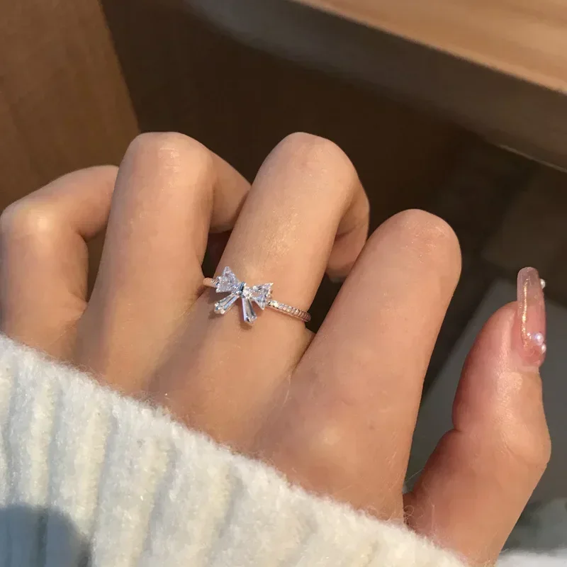 Shiny White Bowknot Rings Female Girls Korean Exquisite Jewelry Open Ring with Shiny Bow Tie Zircon for Party Lovers Gifts image 6