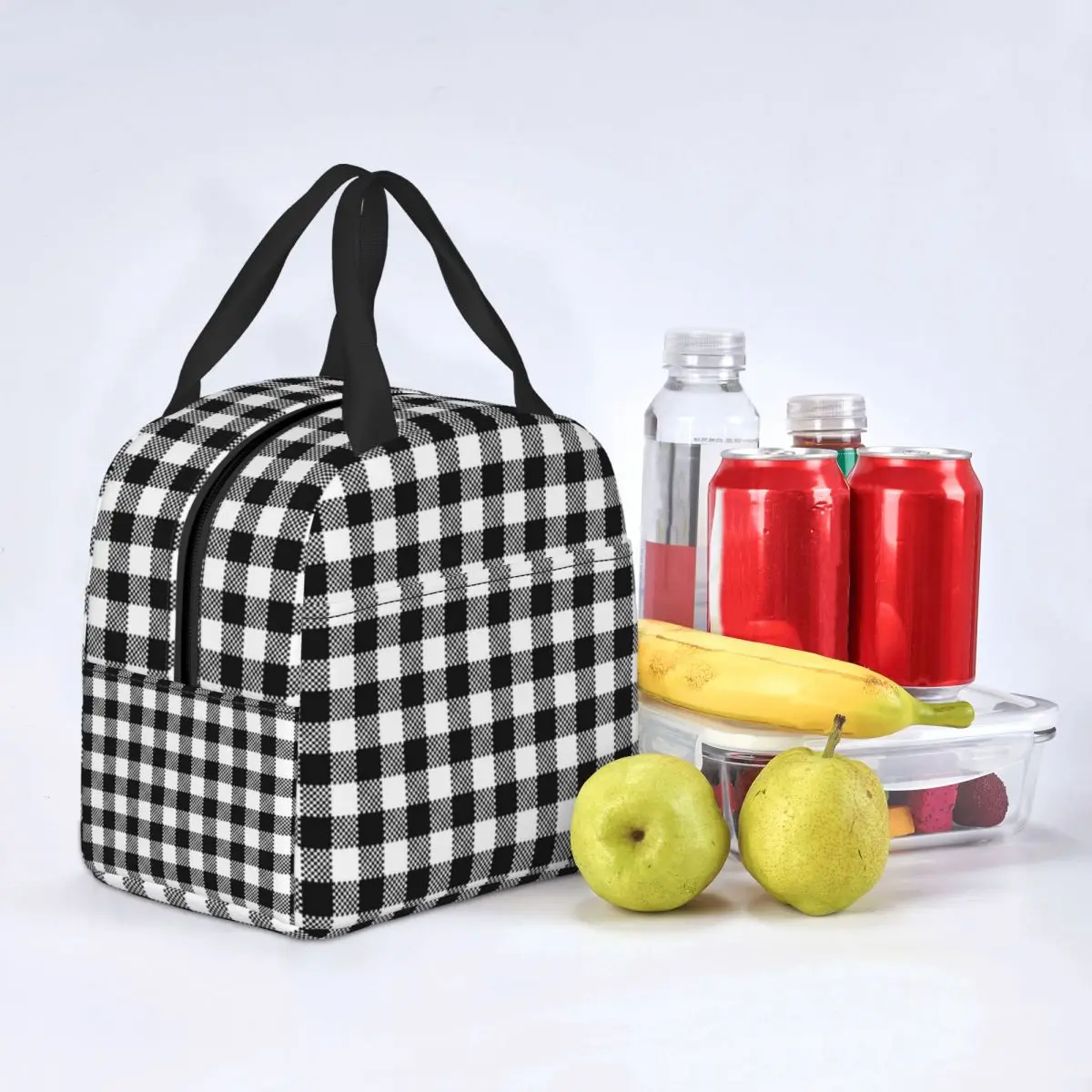 Zwart-wit Gingham Lunchbox Vrouwen Geometrische Geruite Plaid Koeler Thermische Voedsel Geïsoleerde Lunch Tas Voor Werk Picknick Zakken