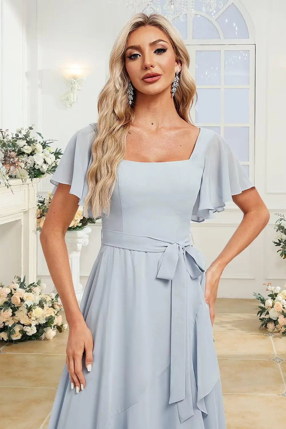 Women's Chiffon Bridesmaid Dress with Flowing Ruffle, Square Sleeves, Tie Pockets, Evening Gown Long Ball Gow Women Evening Gown