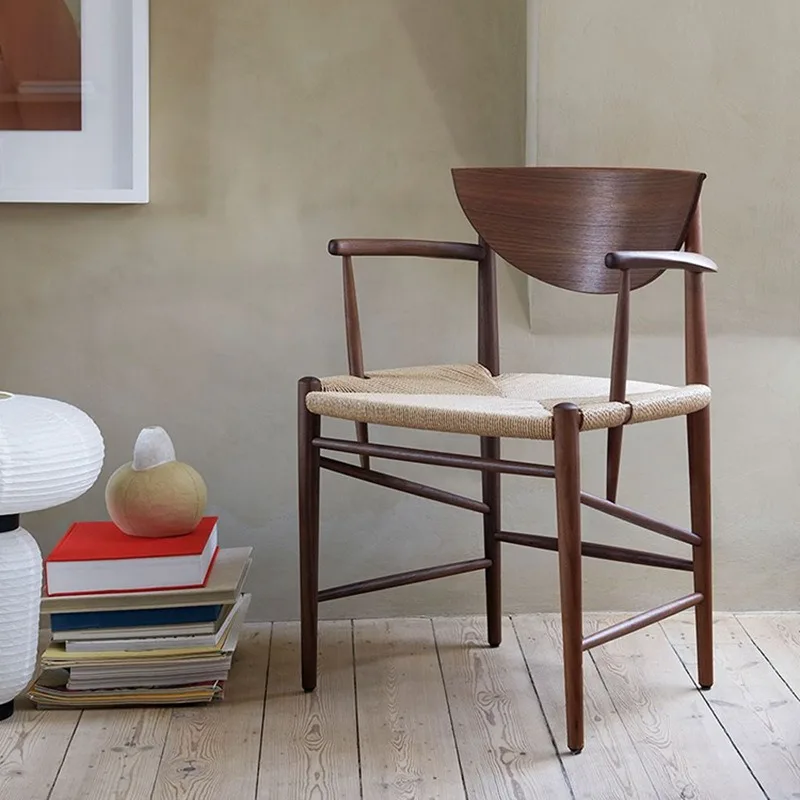 

Solid wood dining chair wabi sabi wind minimalist braided armchair restaurant hotel leisure back chair medieval chair