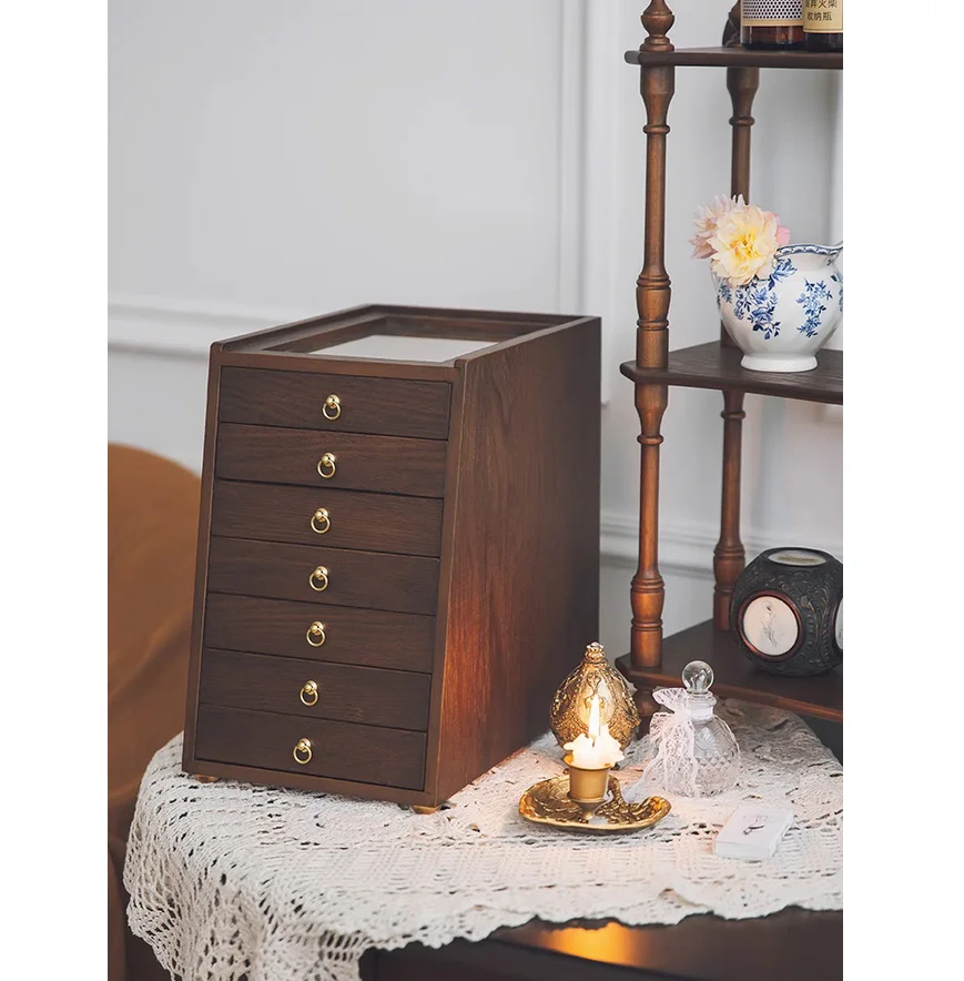 

Flannel Lining Antique Vintage Brown Handmade Solid Wood 7 Drawers Jewelry Storage Cabinet for Counter