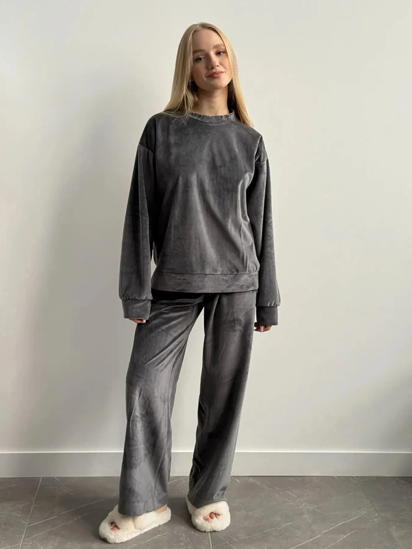 

Marthaqiqi бархатный зимний женский комплект одежды для сна, ночные рубашки с длинными рукавами, пижамы с круглым вырезом, брюки, повседневная женская ночная рубашка, костюм из 2 предметов