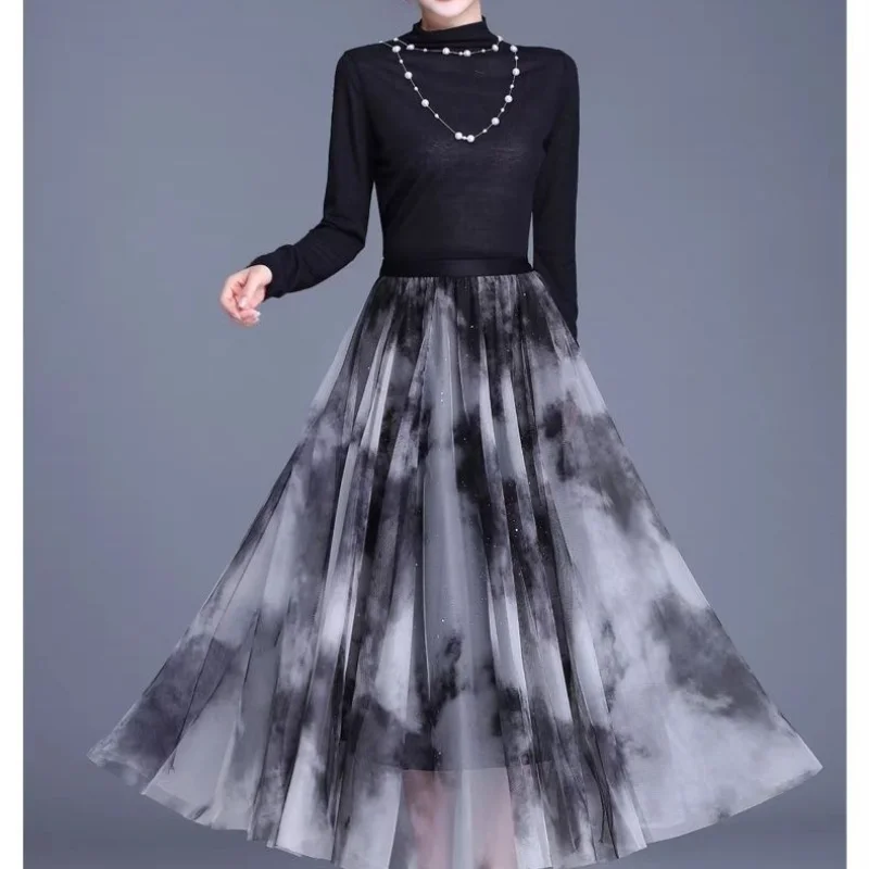 

Women's Blue Tie Dye Tulle Midi Skirt High Waist Pleated Elegant Casual Skirt