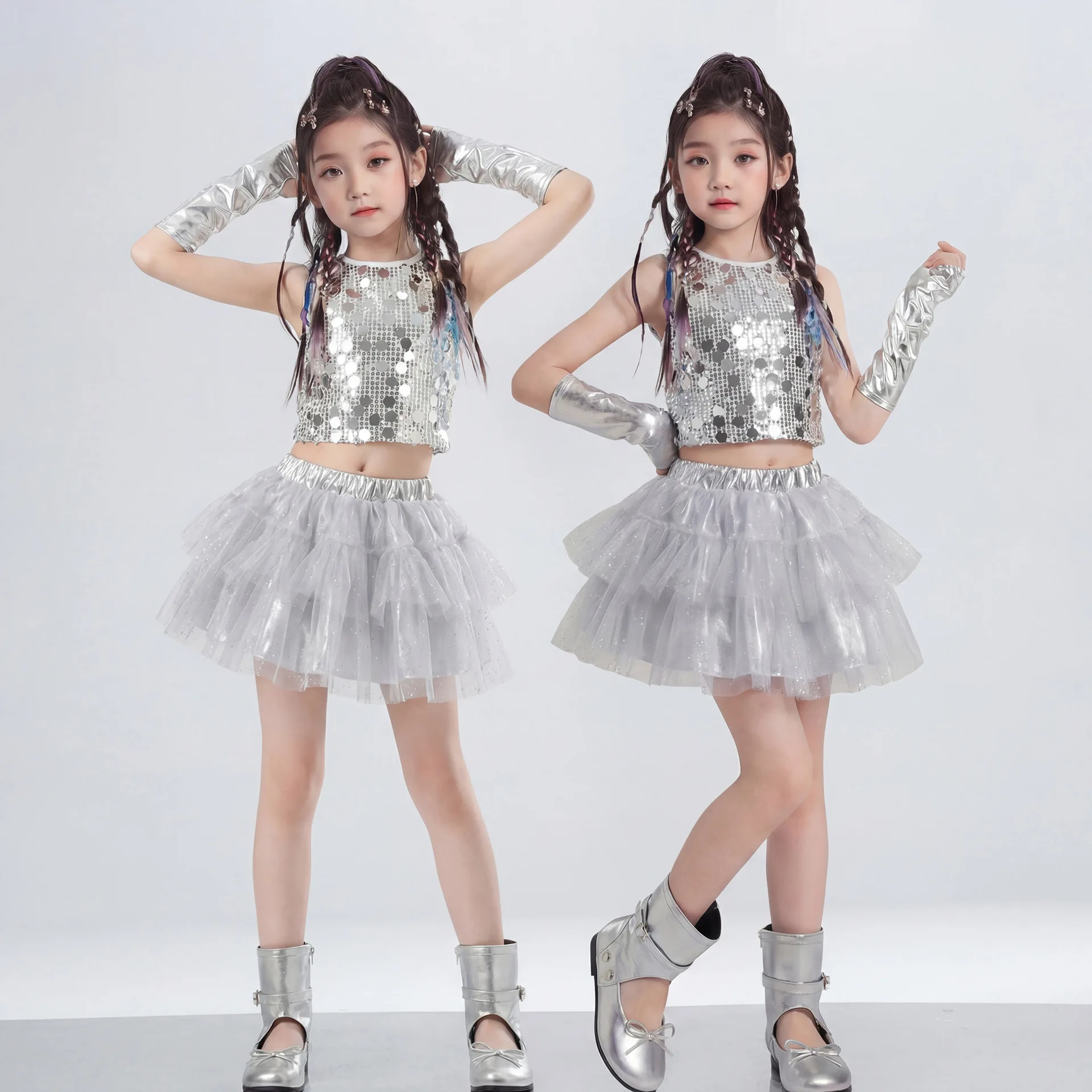 Girls Kpop Hip Hop Dance Set Silver Sequin Crop Tank Top Dance Skirt Kids Shiny Jazz Streetwear Stage Performance Costume