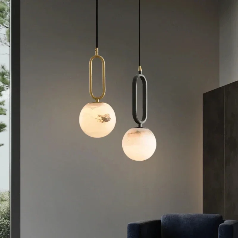 Natrual Alabaster Pendant Light G9 Base 3000K Modern Bedroom Living Room Restaurant Home Decor White Marble Ball Hanging Lamp