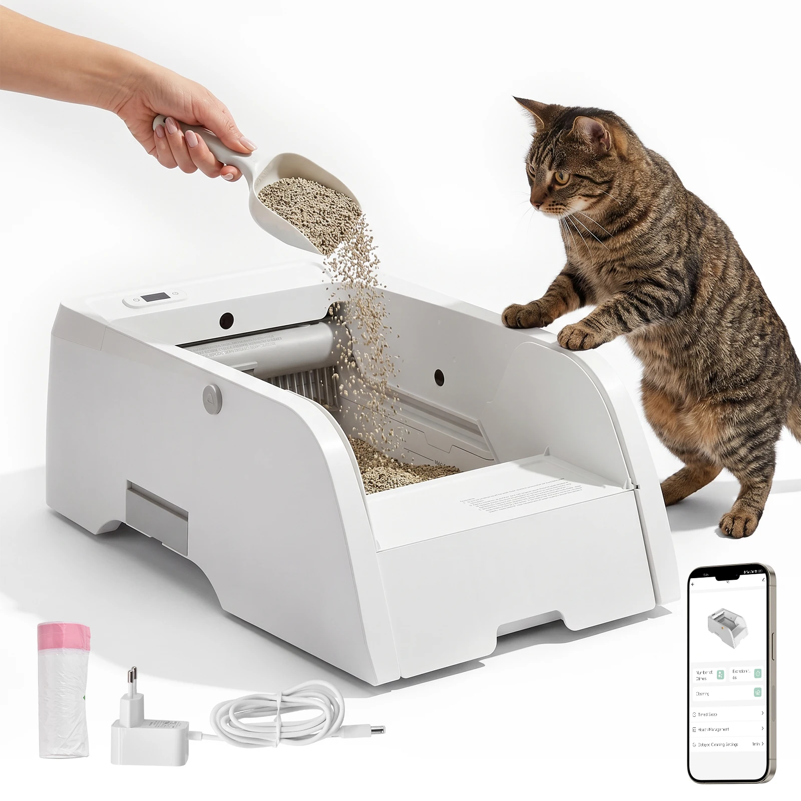 Katzentoilette mit offener Oberseite, selbstreinigend, XL, geruchsfrei, hygienisch, App-Steuerung, große Kapazität, Katzentoilette