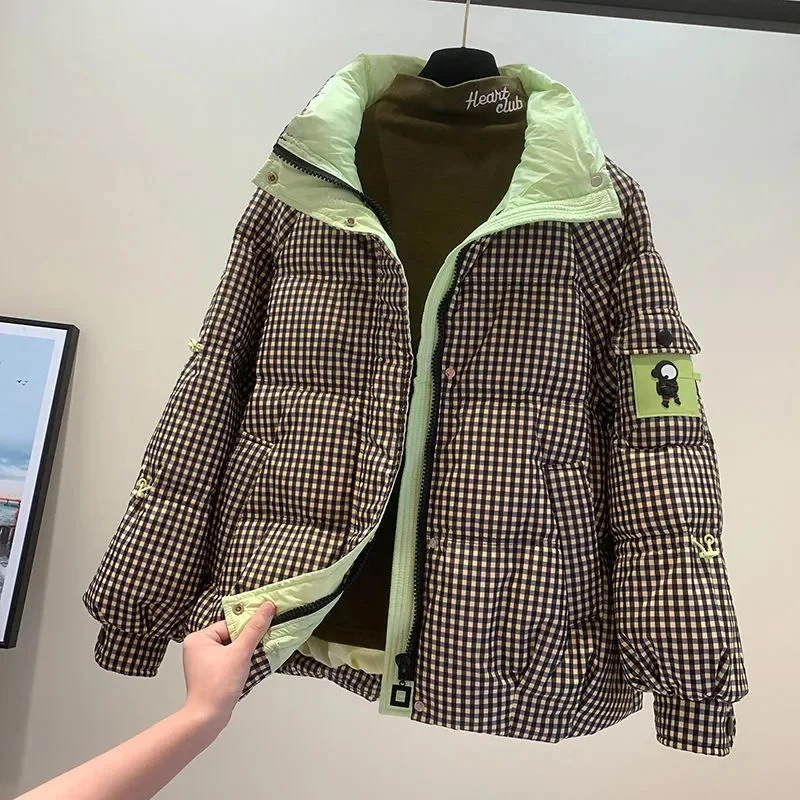 

European Station Down Jacket Women's Short Stand Collar Winter 2022 New Korean Matching Color Plaid White Eiderdown Women's Coat