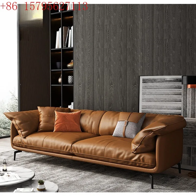 

Italian minimalist light luxury leather sofa first layer cowhide modern simple living room small apartment three-person down sof