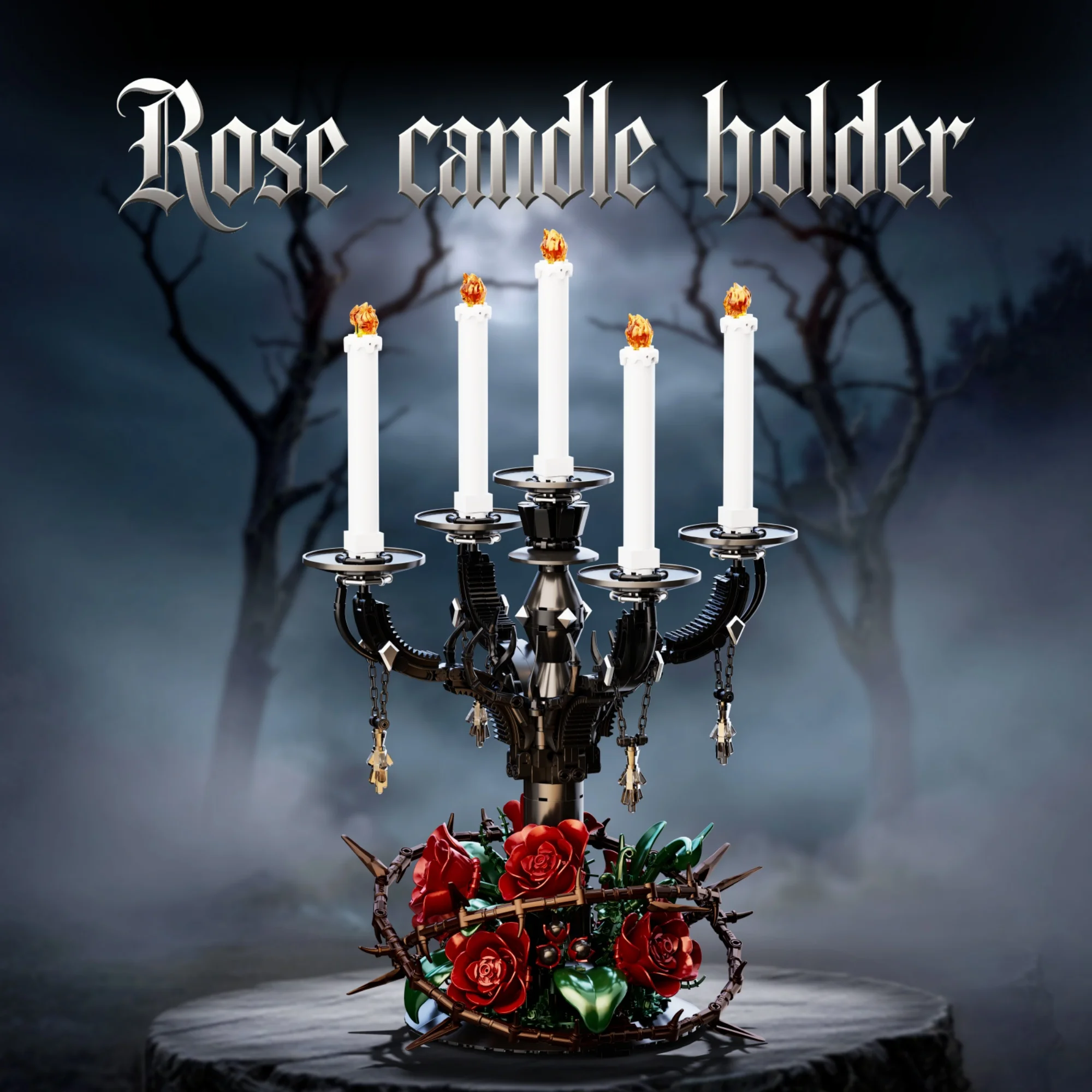 1613-teiliger Rosen-Kerzenständer aus Bausteinen, Gotische Dornen, Rote Rose, Retro-Kerzenhalter-Modell, Deko-Baustein für den Schreibtisch, Geschenk für Erwachsene