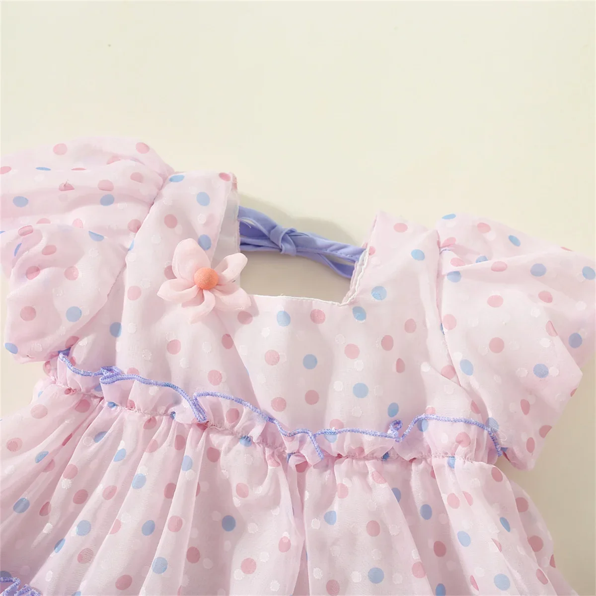 Summer New Baby Girls Round Neck Bubble Sleeve Layer Lace Pleated Polka Dot Ribbon Bow Casual Sweet Princess Dress