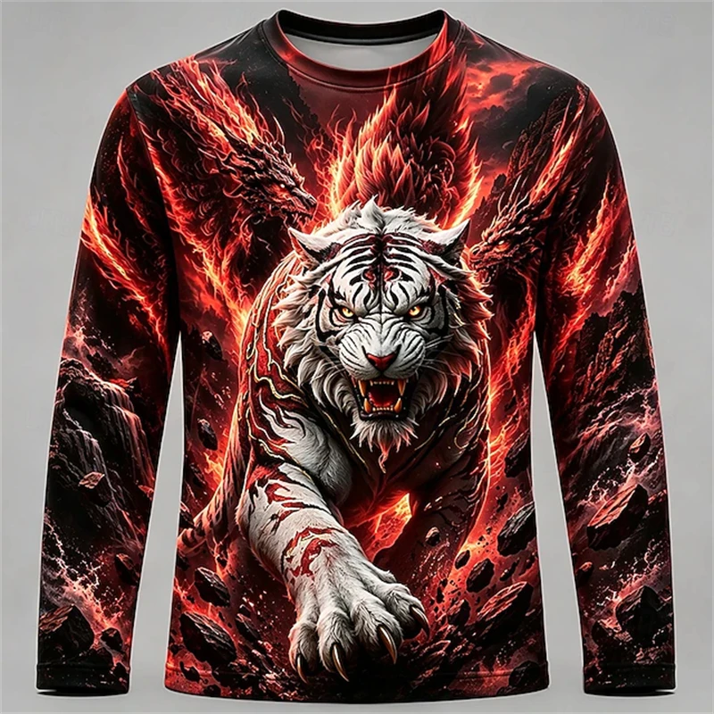 New Men's Long-Sleeve T-Shirt with Fierce Tiger Print Casual Slightly Stretchy Breathable Long-Sleeve Top with Street Style