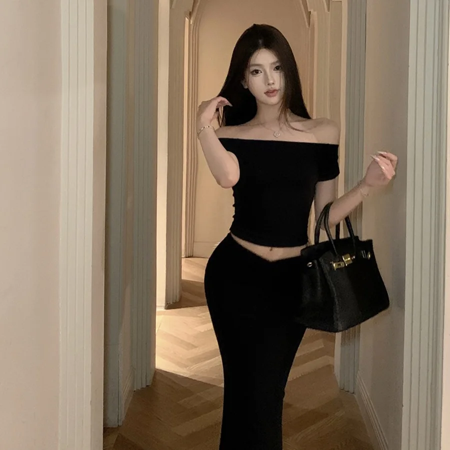 

Summer New Retro Sexy One-Shoulder T-Shirt High Waist Bodycon Fish Tail Half Skirt Two-Piece Set Women's Fashion Casual Wear