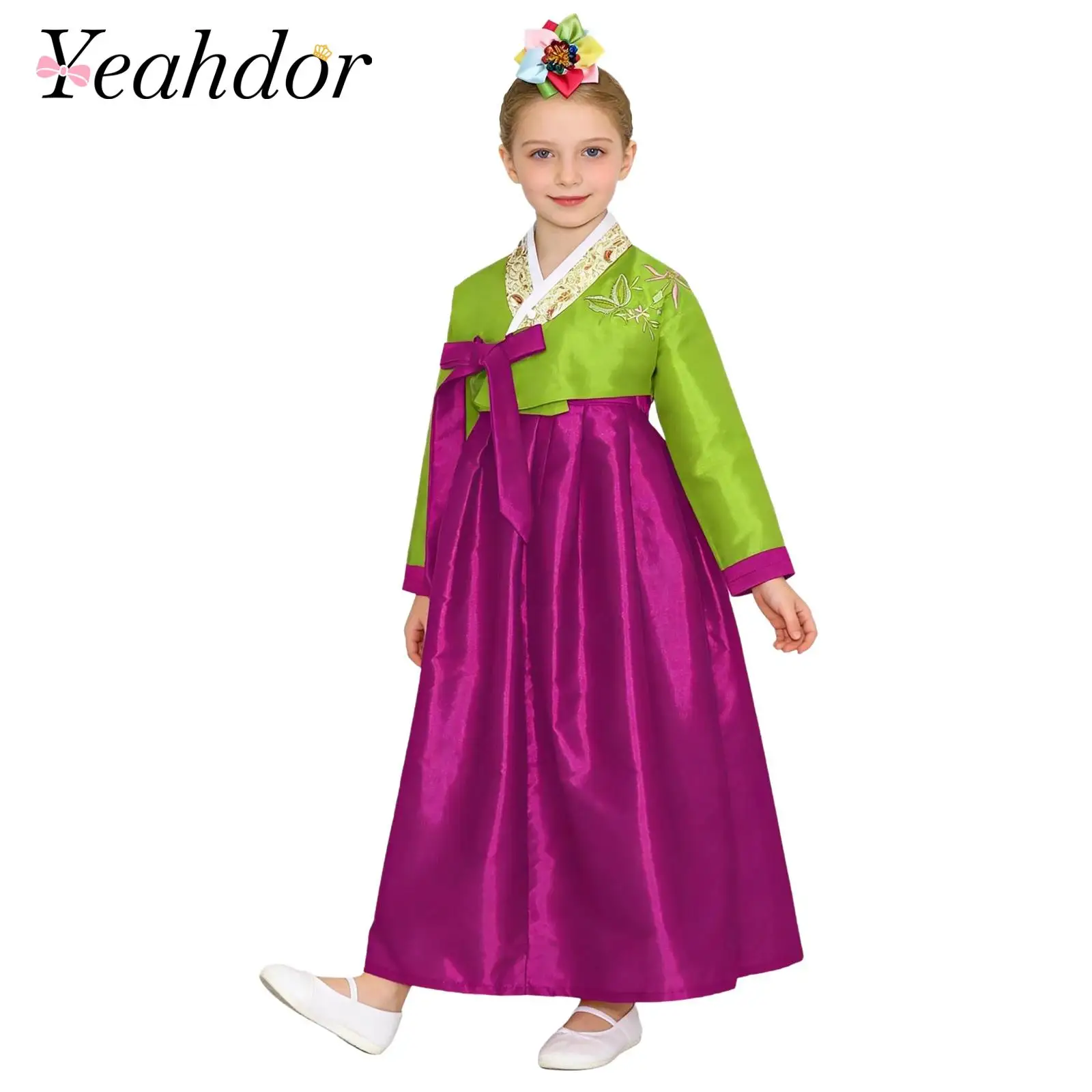 Kids Girls Korean National Hanbok Outfit Embroidery Top with Tie Up Style Long Skirt Hanbok Dress Set for Birthday Party Wedding